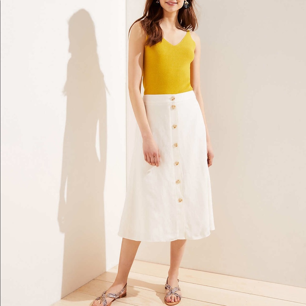NWT Loft Button Front Midi Skirt Linen White